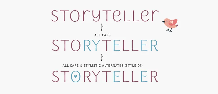 Storyteller Sans Serif fonts main features include stylistic alternates and catchwords (ʻeverʼ,ʻonlyʼ,ʻandʼ,ʻforʼ,ʻthereʼ,ʻtoʼ)