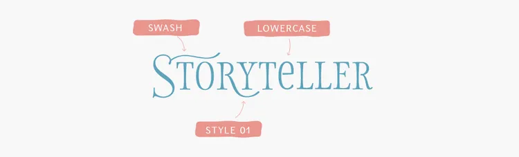 Storyteller Serif fonts main features include stylistic alternates, catchwords (same as in Sans fonts) and swashes